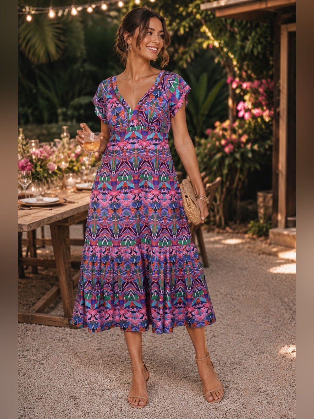 VanessaVirginia Womens Size 4 Mural Colorful Tiered Skirt Beaded Maxi MIDI Dress